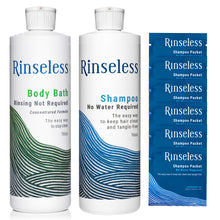 Load image into Gallery viewer, Rinseless Variety Pack Body Wash + Shampoo + Shampoo Packets (24/box)
